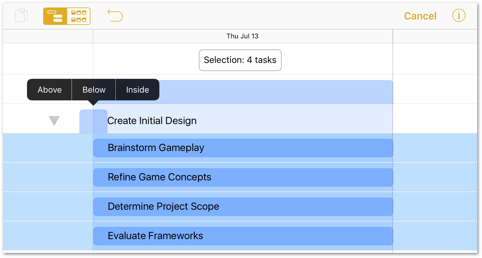 Tap Inside in the contextual menu to place the selected objects within the group.