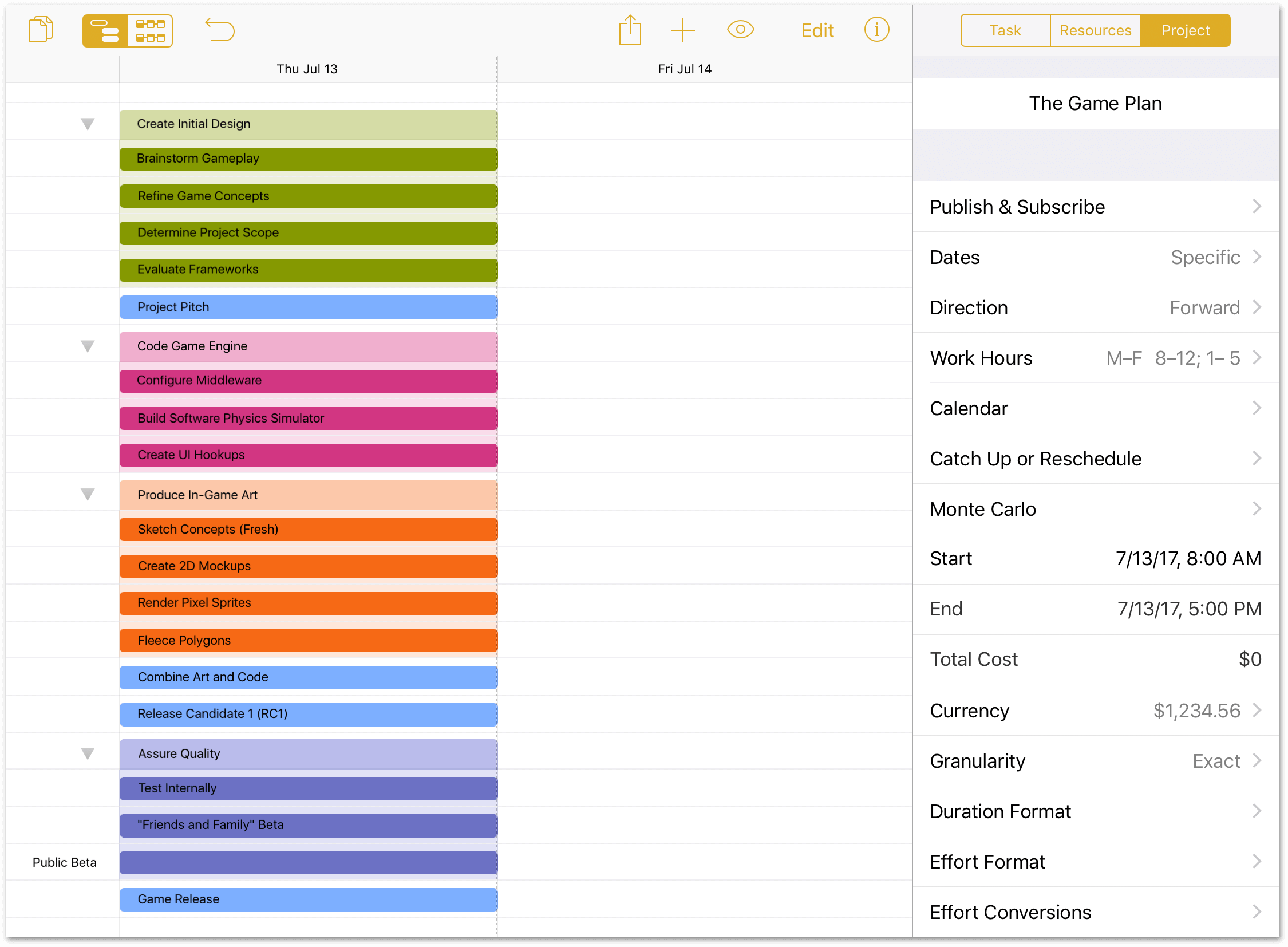 The project, with the tasks grouped together and colored to help differentiate the different phases of the project requirements.