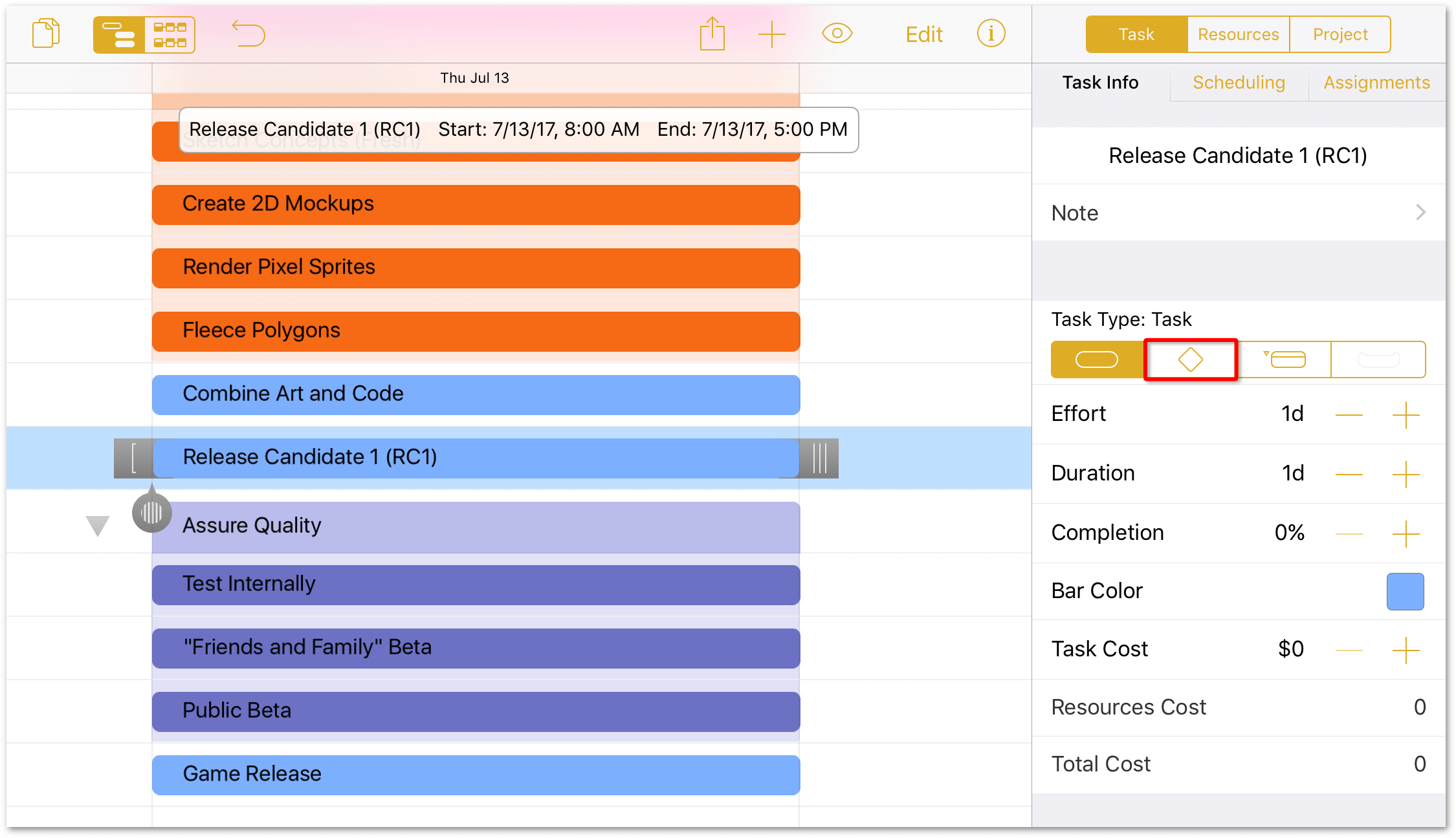 The RC1 task is selected in the project editor, and a highlight has been added to the Task Type selectors, indicating that tapping the second button will convert the selected task into a Milestone.