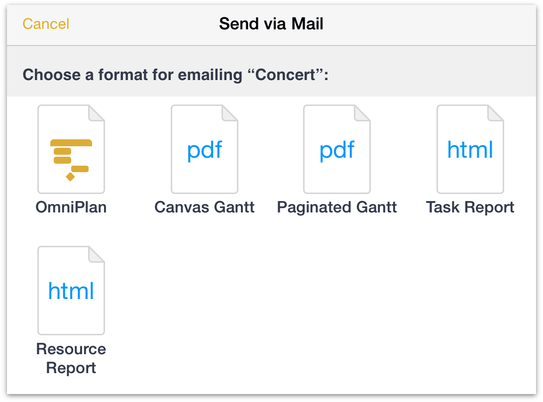 File format options for Send via Email.