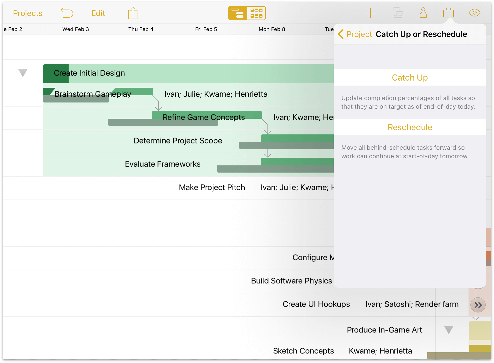 Rescheduling task completion with the Reschedule tool.