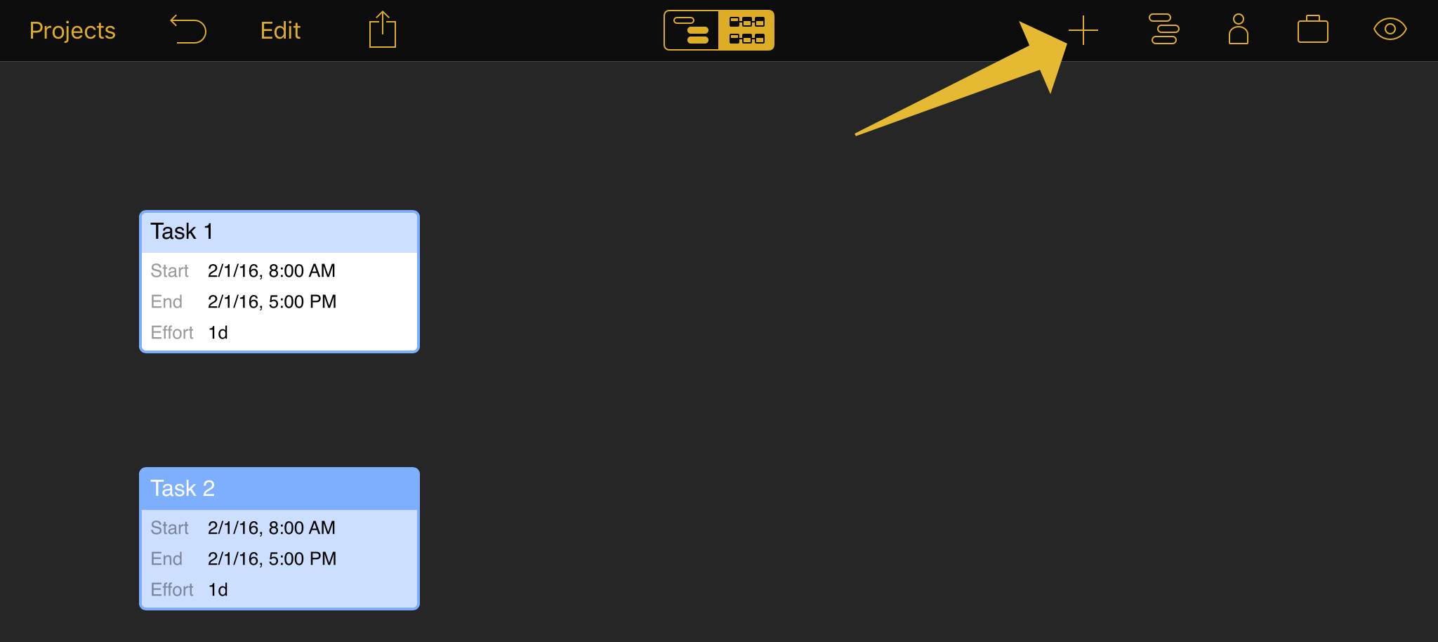 Creating a new task in Network View, either with or without a dependency.