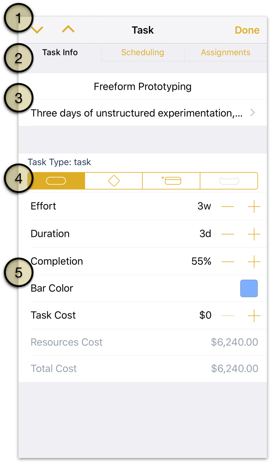 The Task Inspector’s Task Info in OmniPlan 3 for iOS