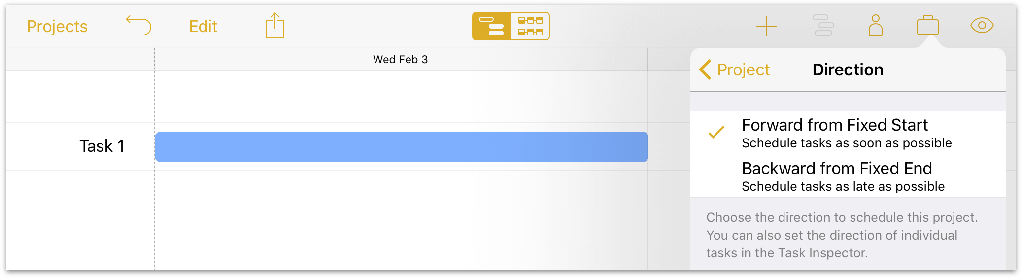 The Direction setting in the Project inspector.