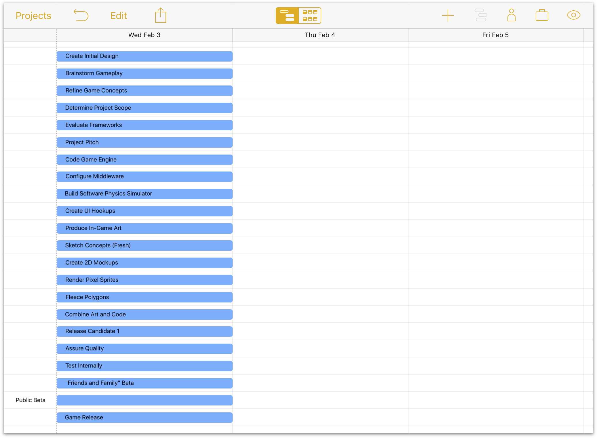 A new project populated with an initial list of brainstormed tasks.