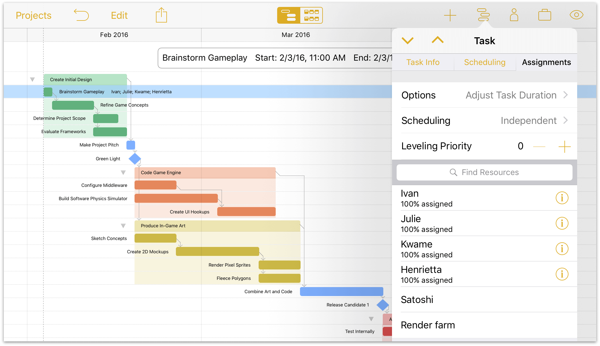 Assigning resources to a task using the Assignment tab of the Task inspector.