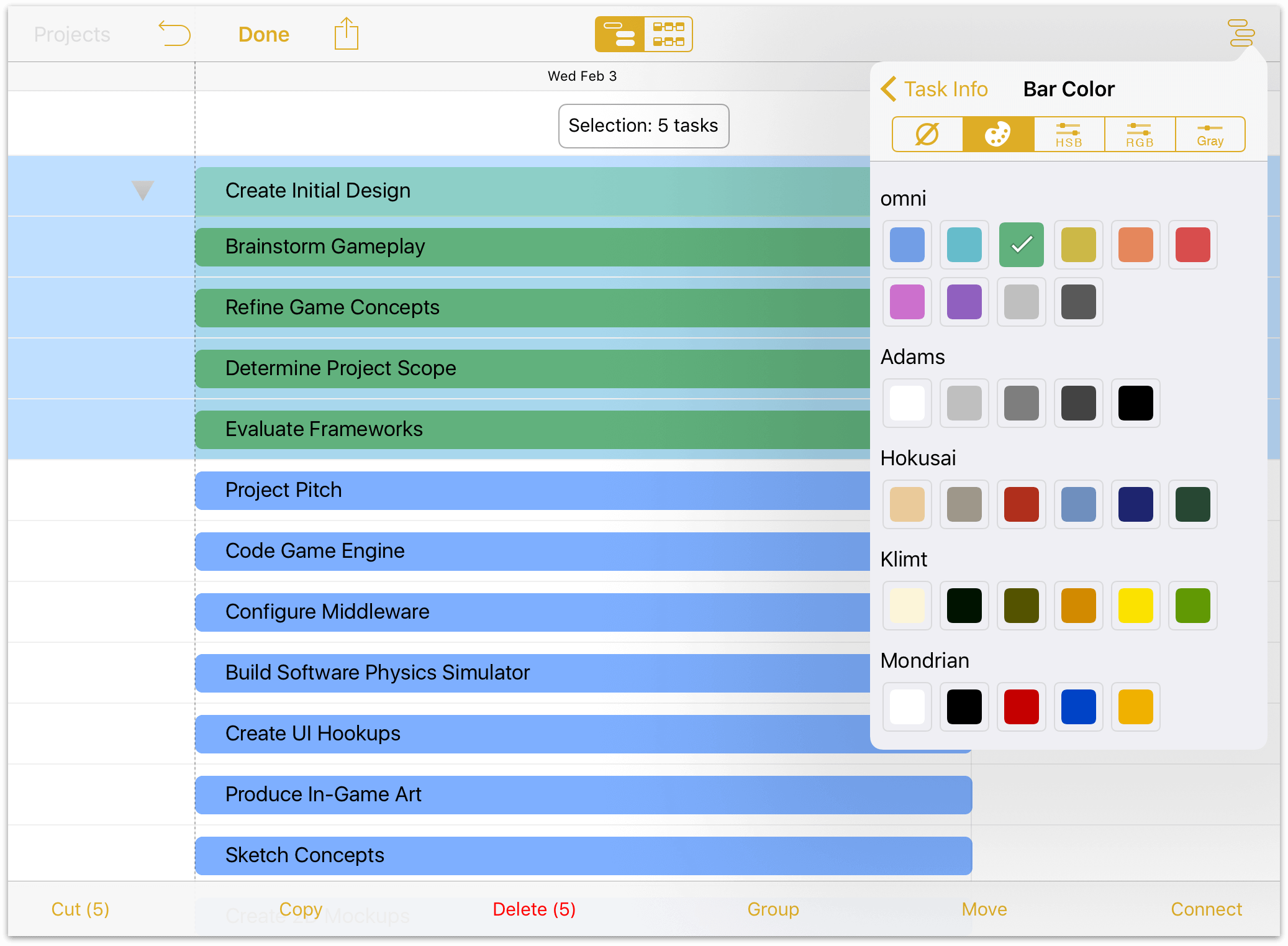 Styling a group’s bar color with the Task inspector.