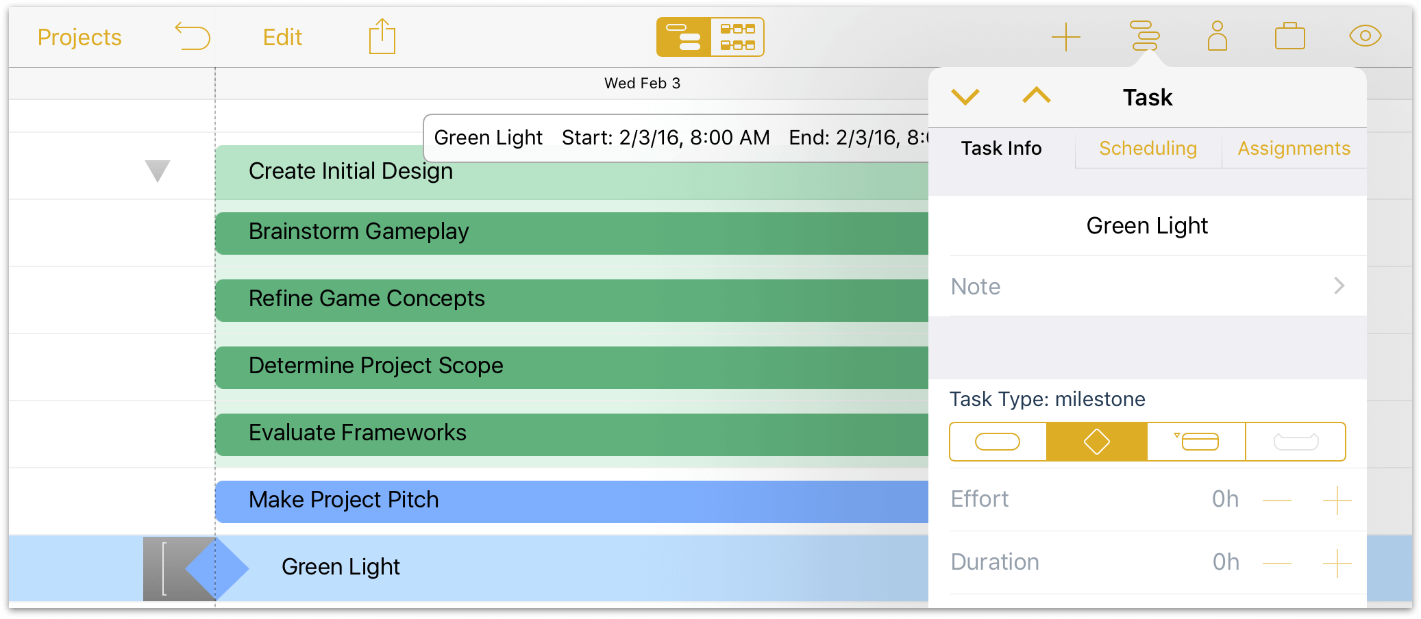 Change a task to a milestone in the Task inspector.
