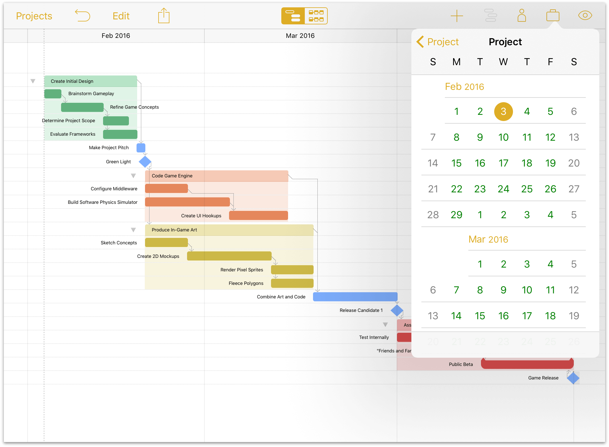 The project exceptions calendar overview.