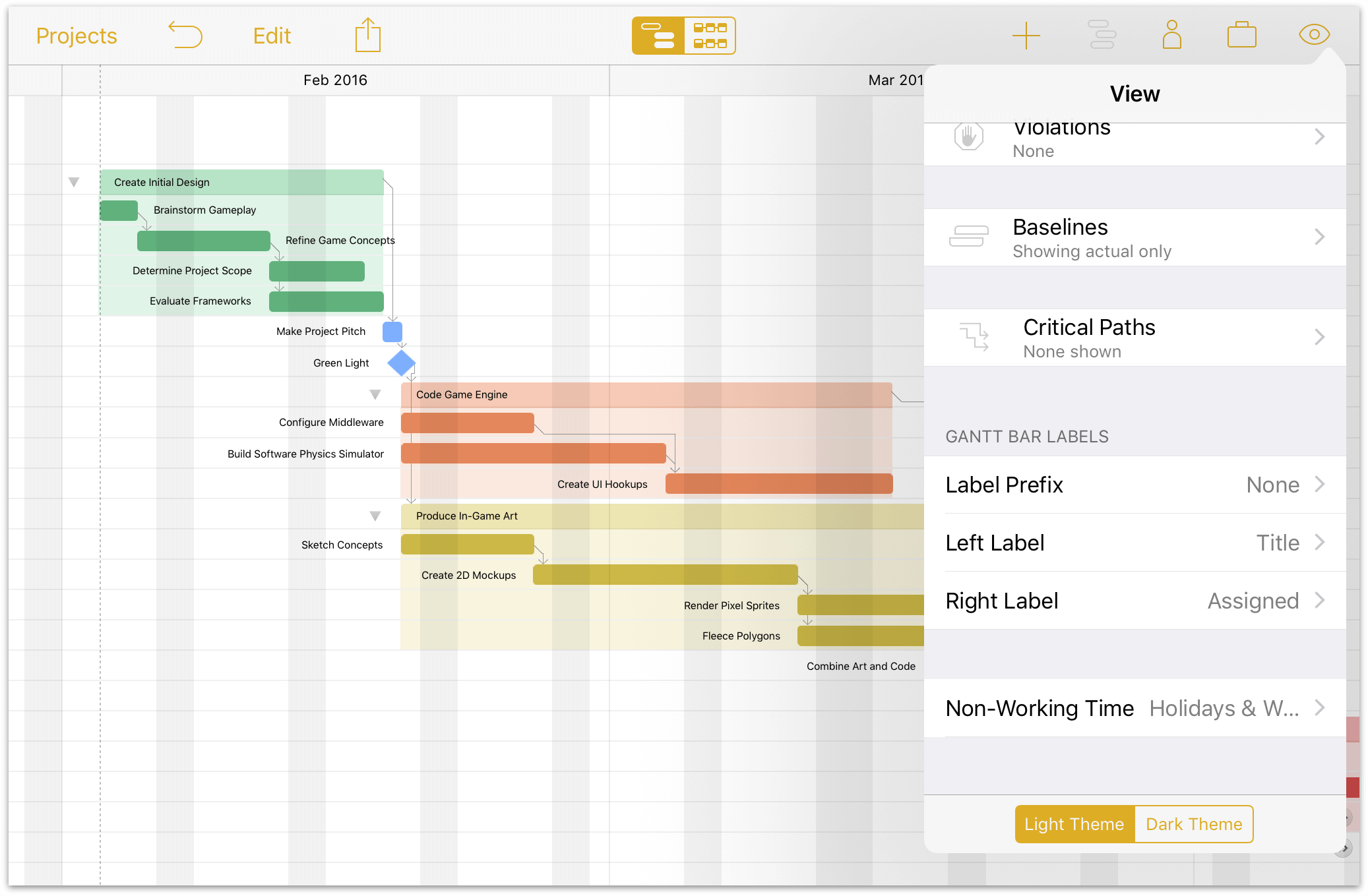 The Gantt chart with non-working hours displayed.