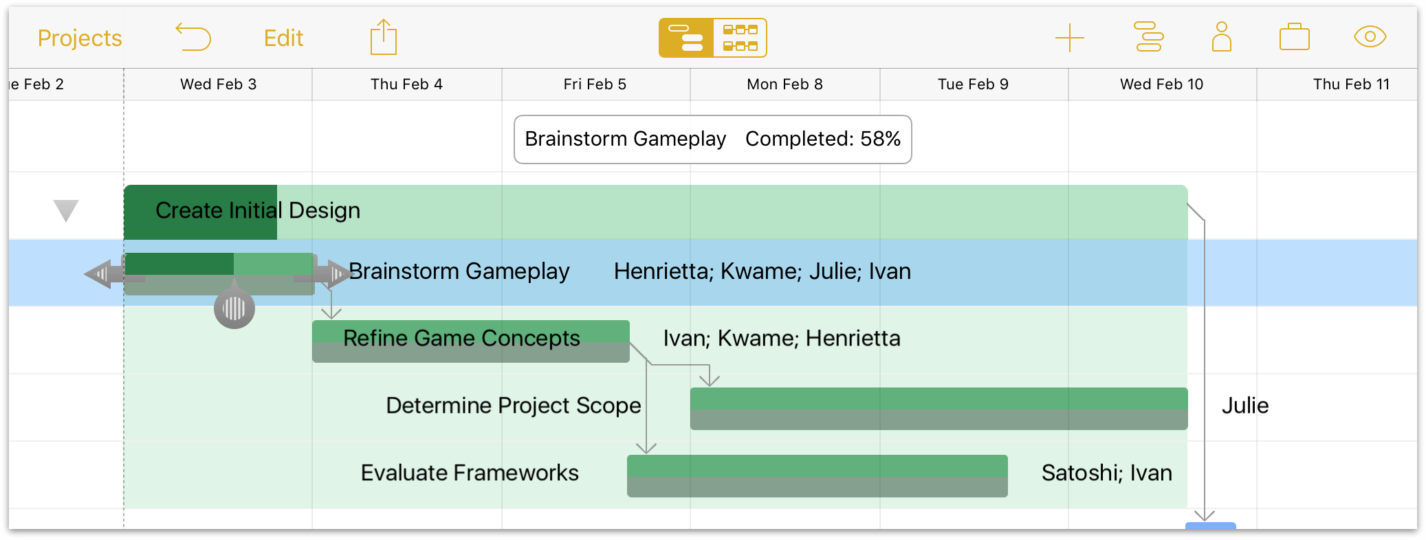 Updating task completion using the task completion slider.