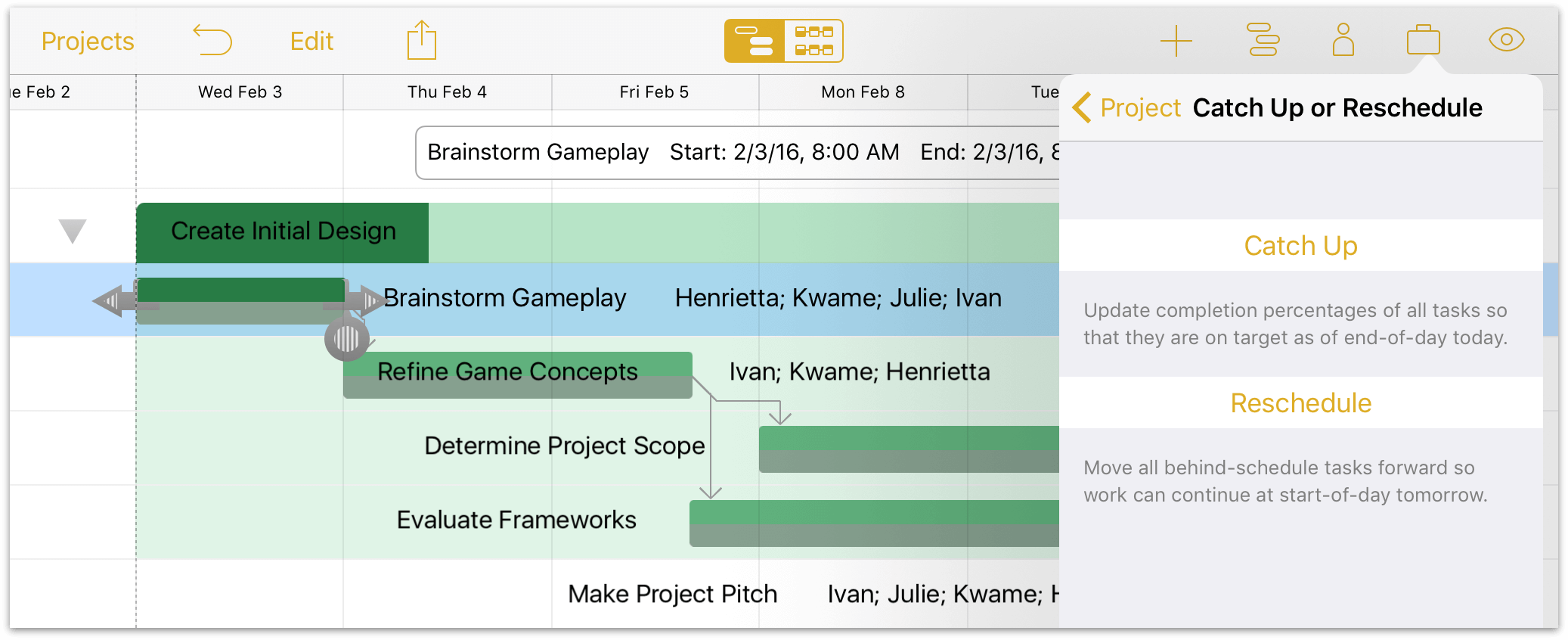 Updating task completion with the Catch Up tool.