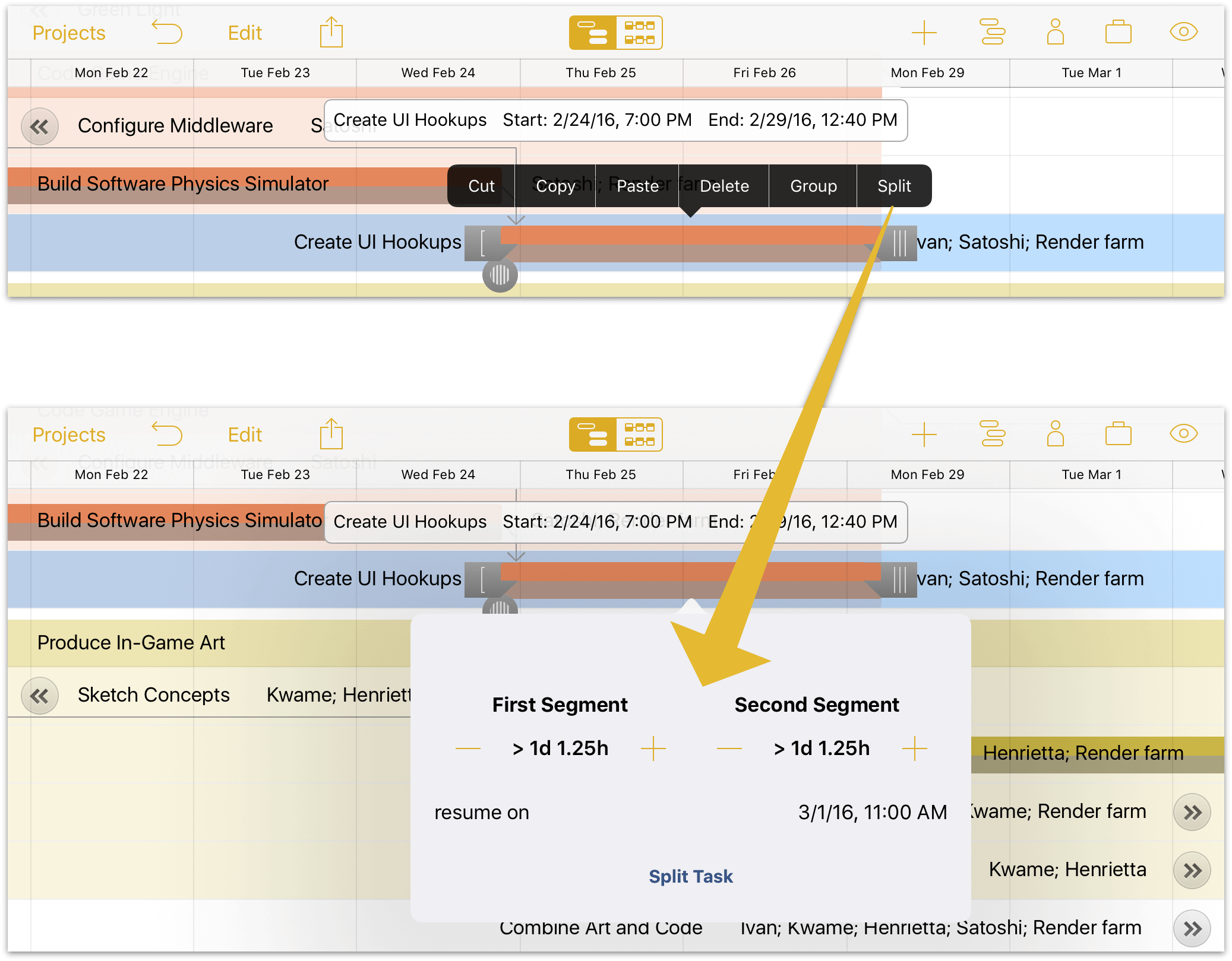 A task ready for splitting via the contextual menu.