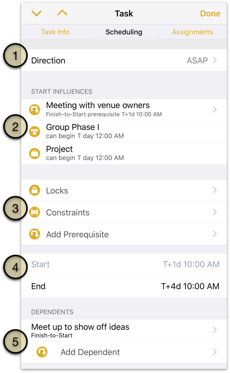 The Task Inspector&#8217;s Scheduling in OmniPlan 3 for iOS