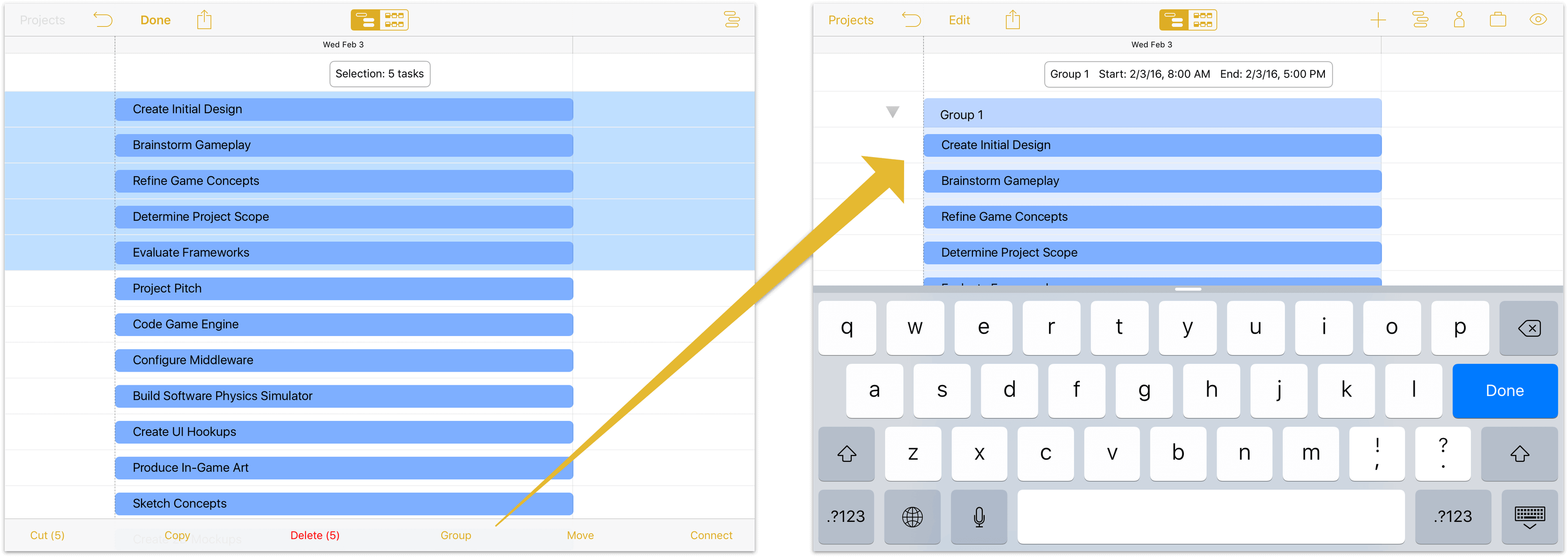 Selecting multiple tasks for grouping in Edit mode.