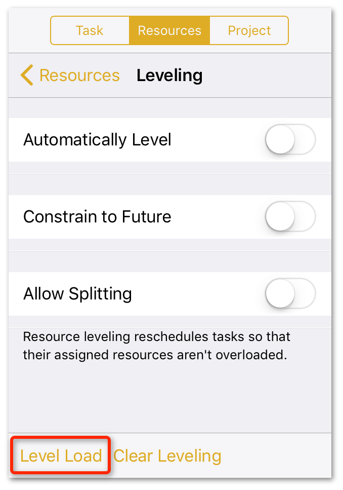 The Resources inspector, showing the lcoation of the Level Load button at the bottom-left corner.