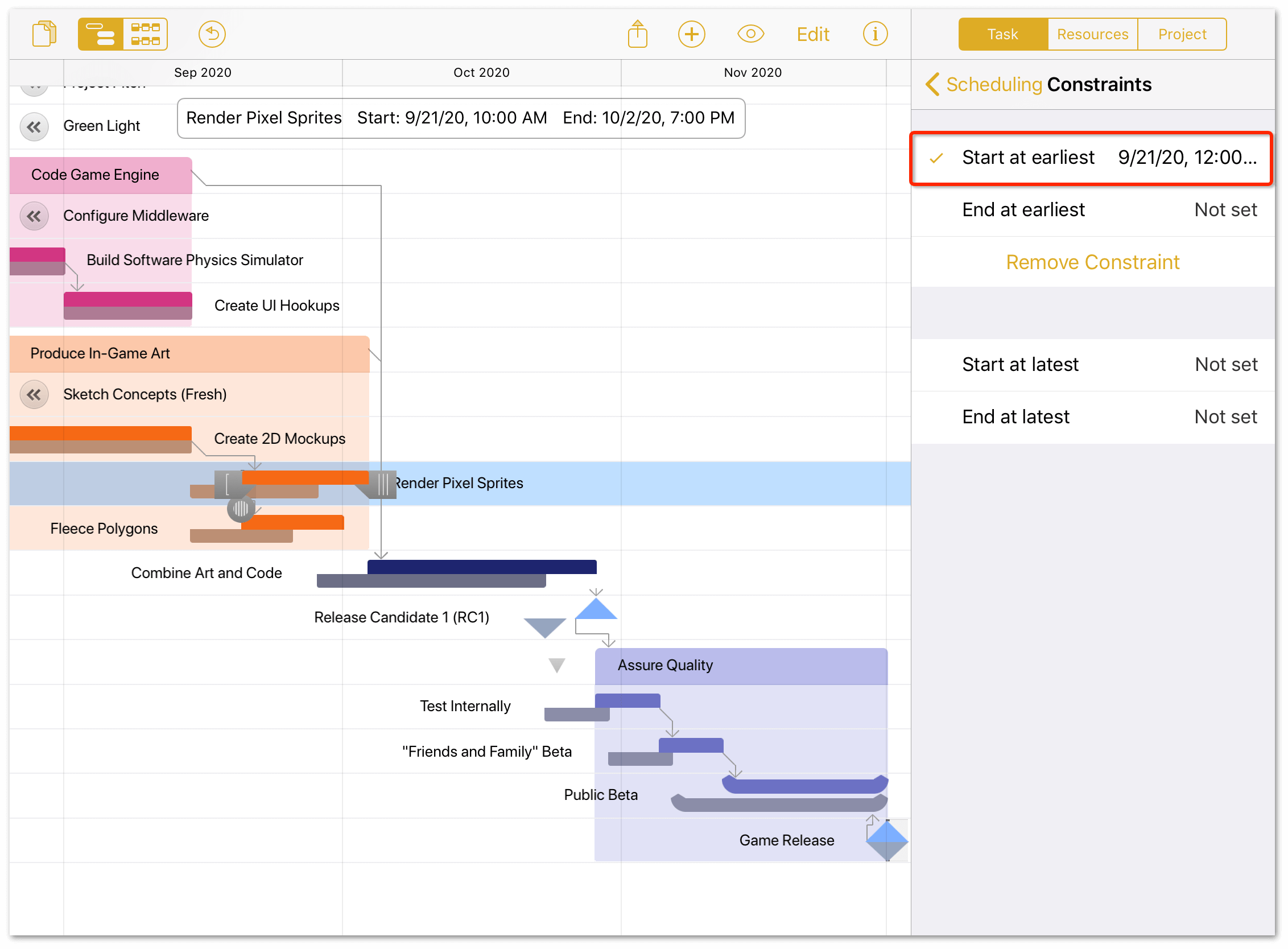 Changing a task's Start at earliest constraint in the Task-Scheduling inspector