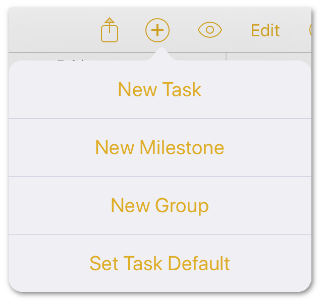 The Add New button's popover menu gives you additional options for adding tasks, milestones, groups, or setting a default style for the tasks you create.