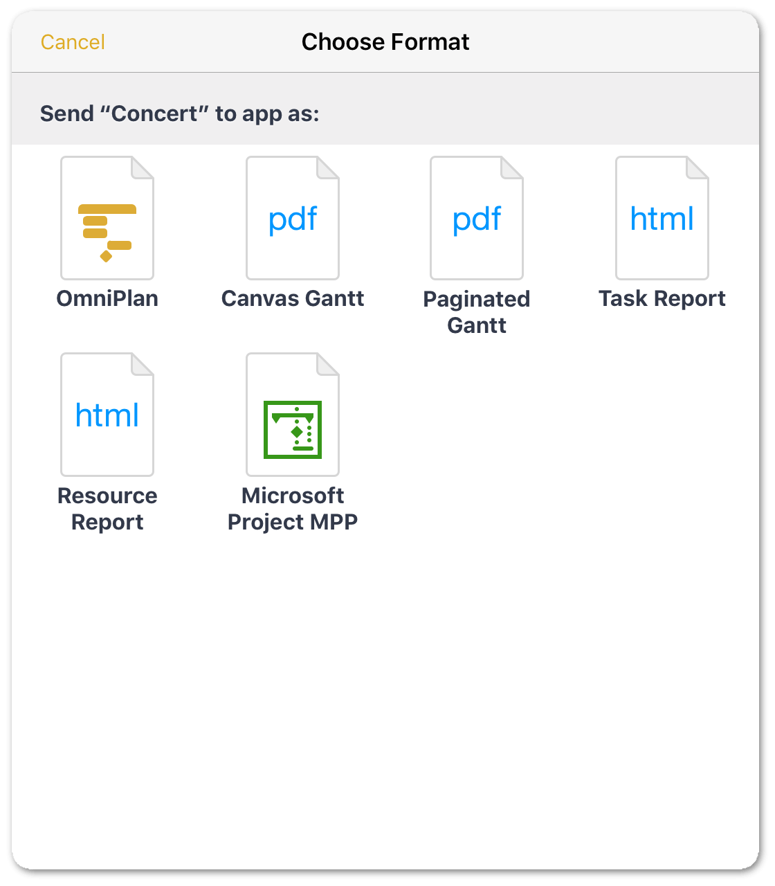 File format options for Send via Email.