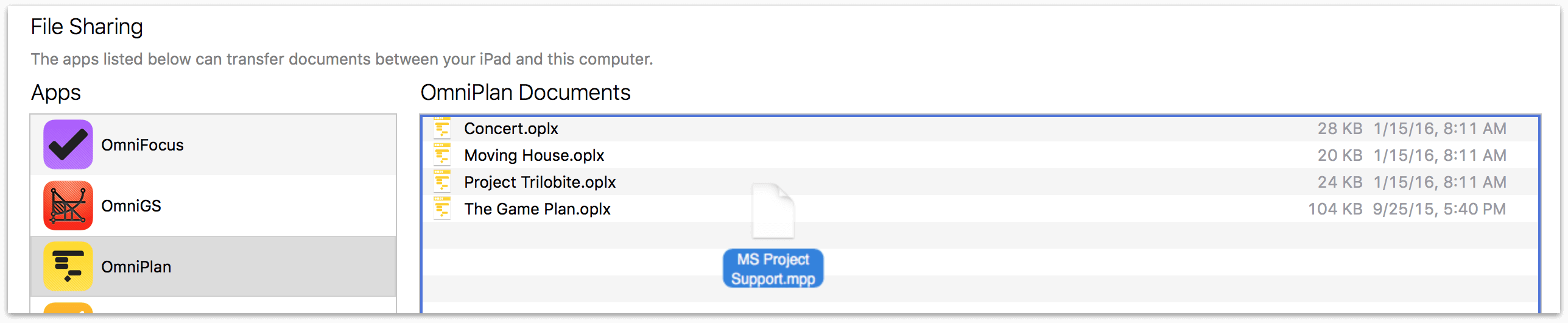 Importing a Microsoft Project document with iTunes on macOS.