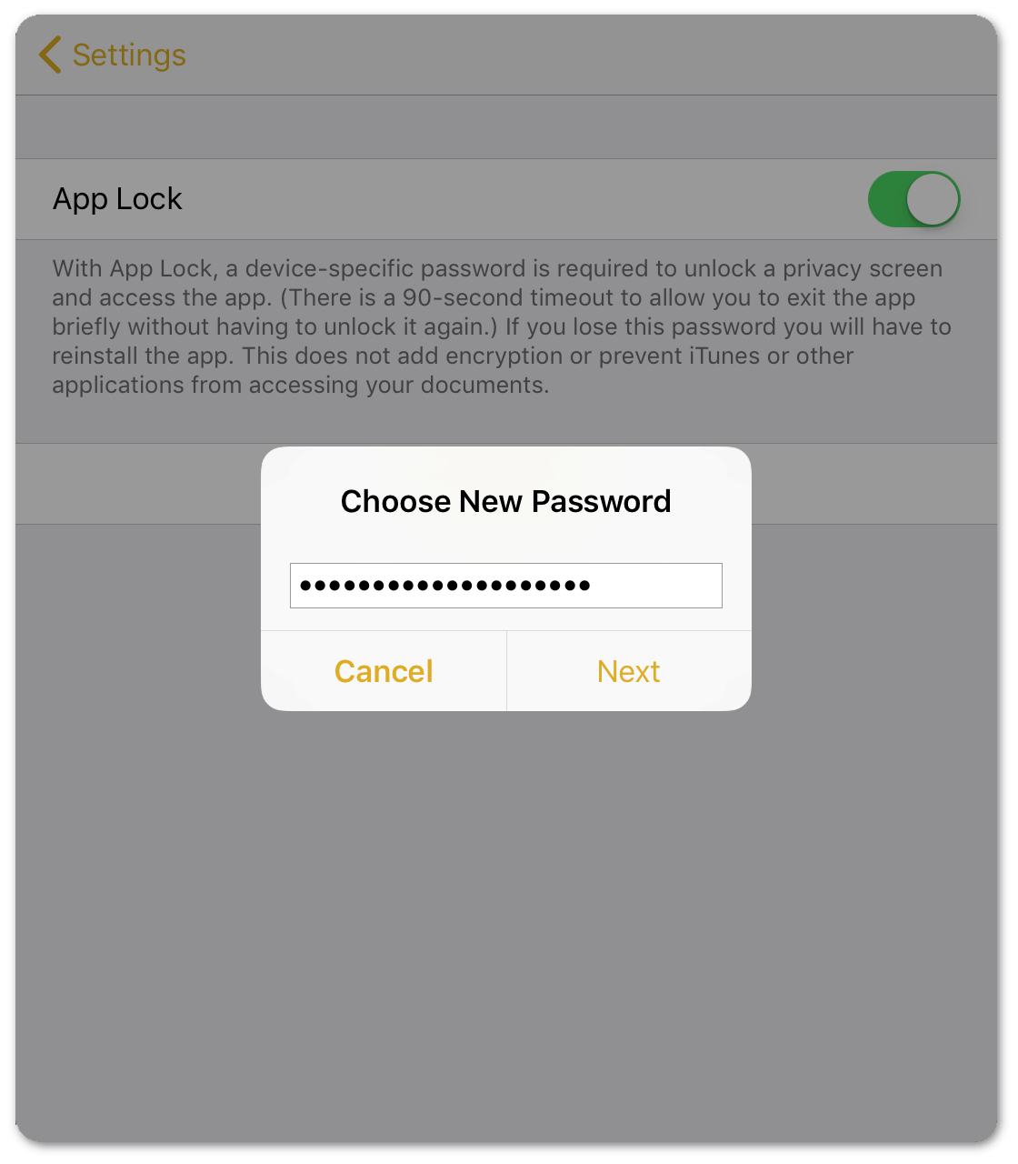 You are prompted to choose a new password when setting up App Lock for the first time.