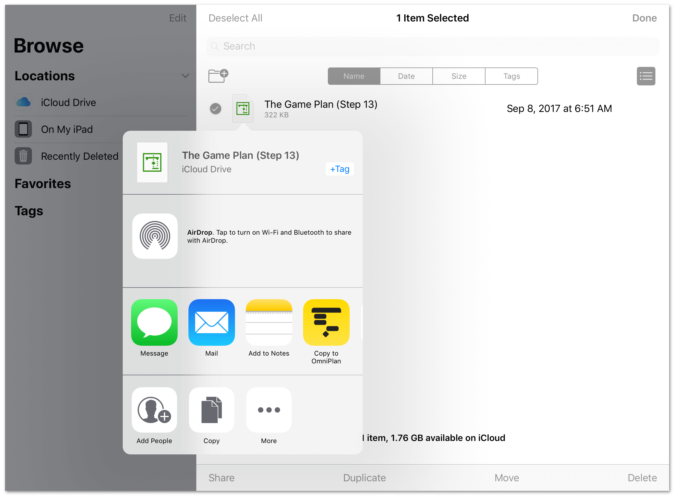 The Share menu lets you copy a Microsoft Project file to OmniPlan's On My [device] folder.
