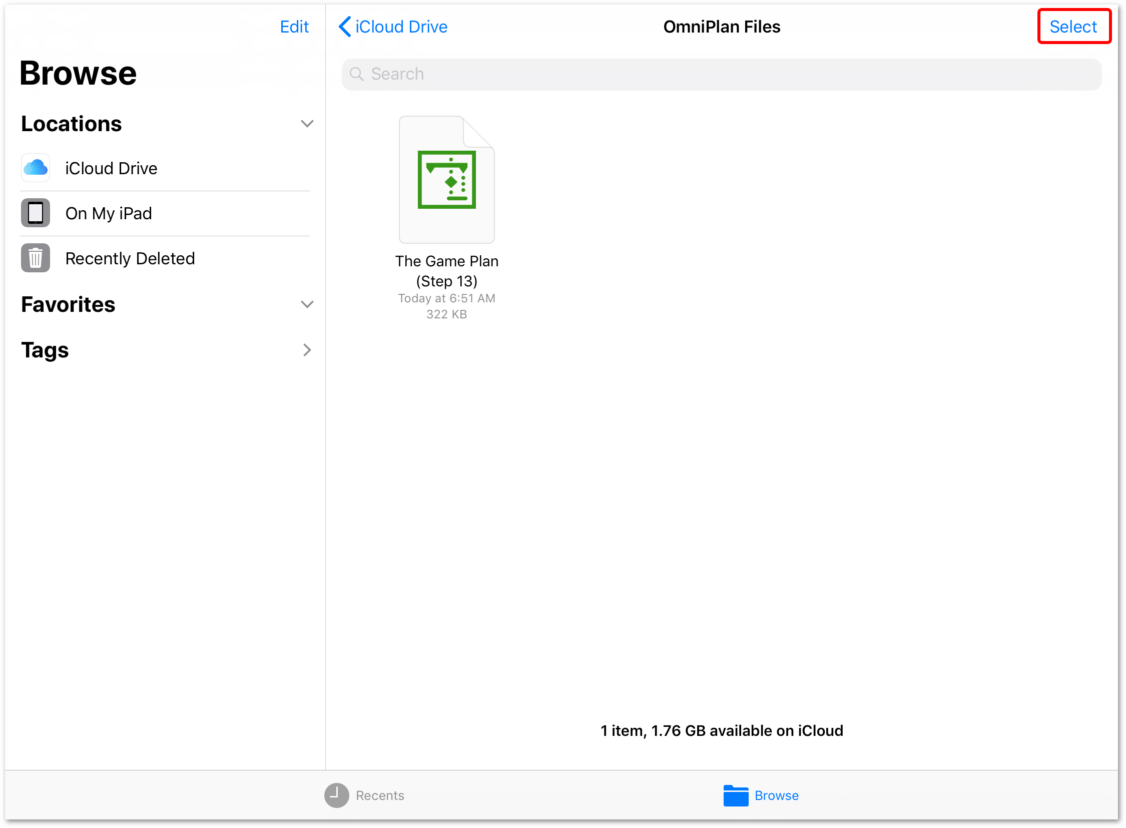 The Files app on iOS 11, showing a Microsoft Project file that has been selected for sharing.