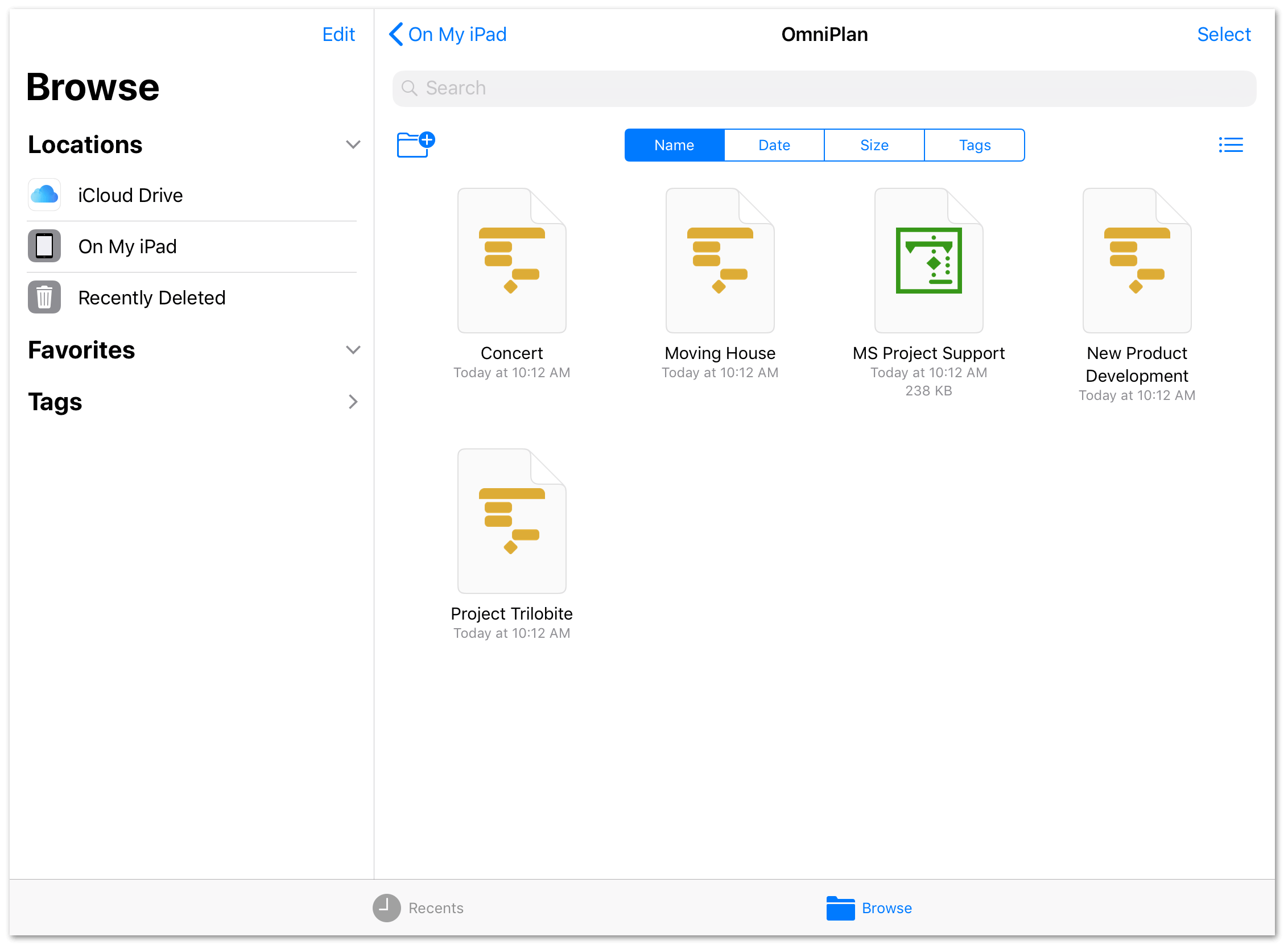 OmniPlan's document container in iOS 11, as revealed using the Files application
