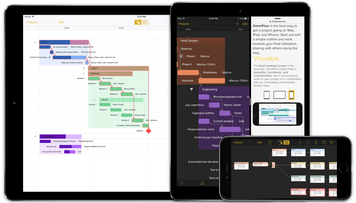 OmniPlan for iOS as seen on iPad Air 2 and iPhone 6 Plus.