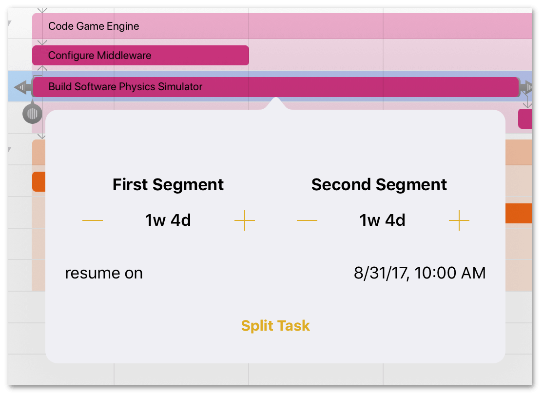 The Split Task menu provides controls for adjusting each segment&#8217;s duration