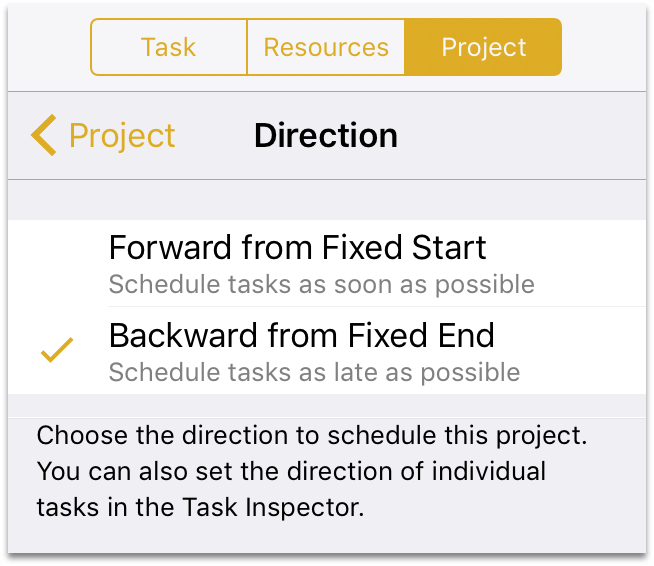 The Direction setting in the Project inspector.