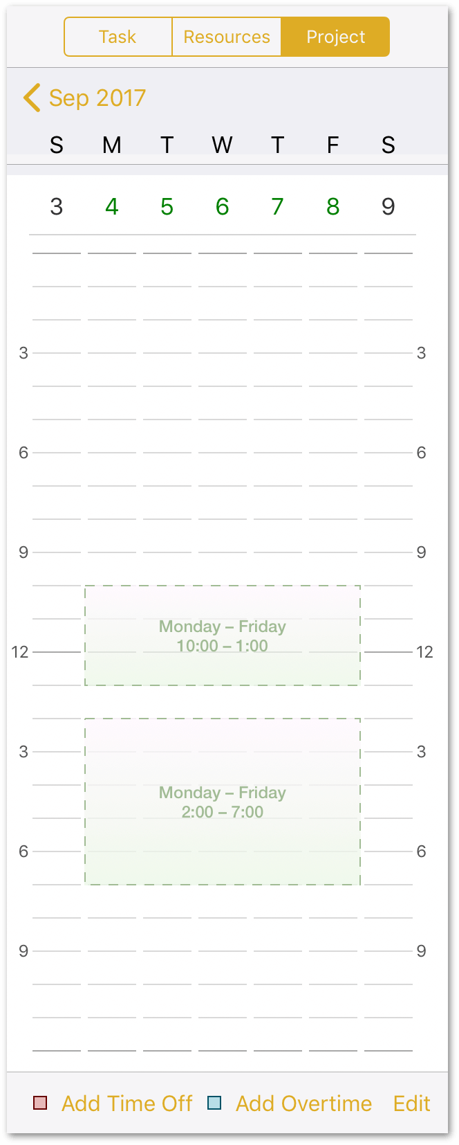 The Calendar shows the normal working hours as time blocks with a dashed border.
