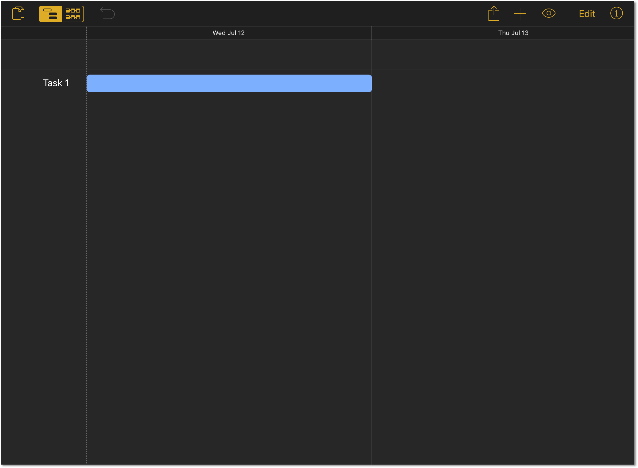 A new project editing window with dark mode shows the background of OmniPlan as a very dark brown color with orange buttons.