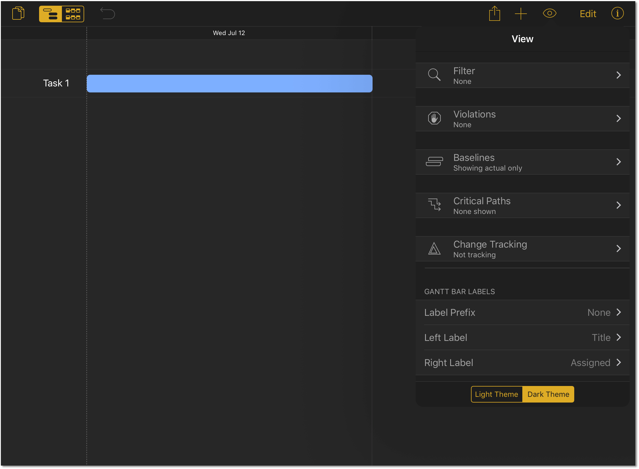 The Project Editor with the View menu open