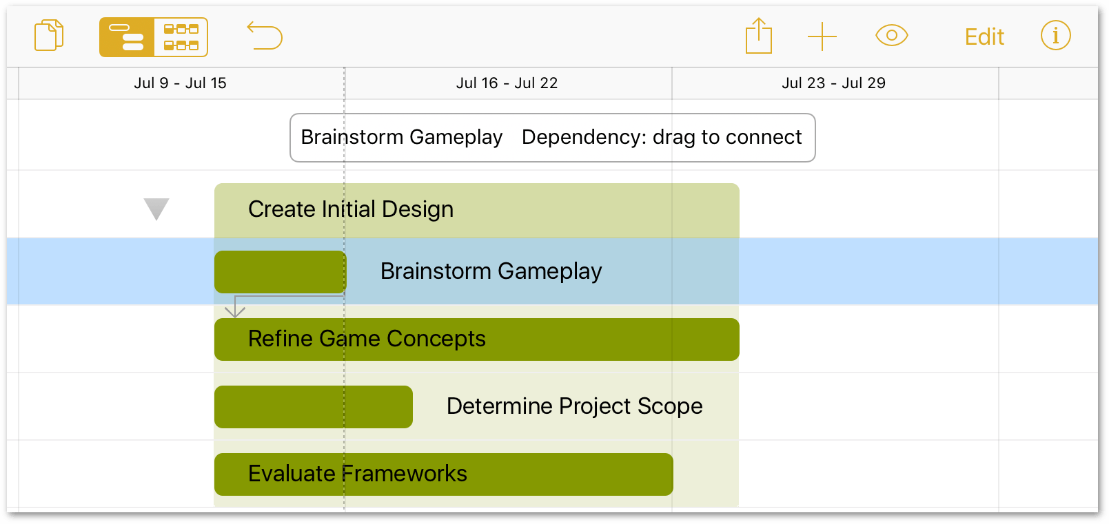 The dependency arrow is dragged to the beginning of the next task