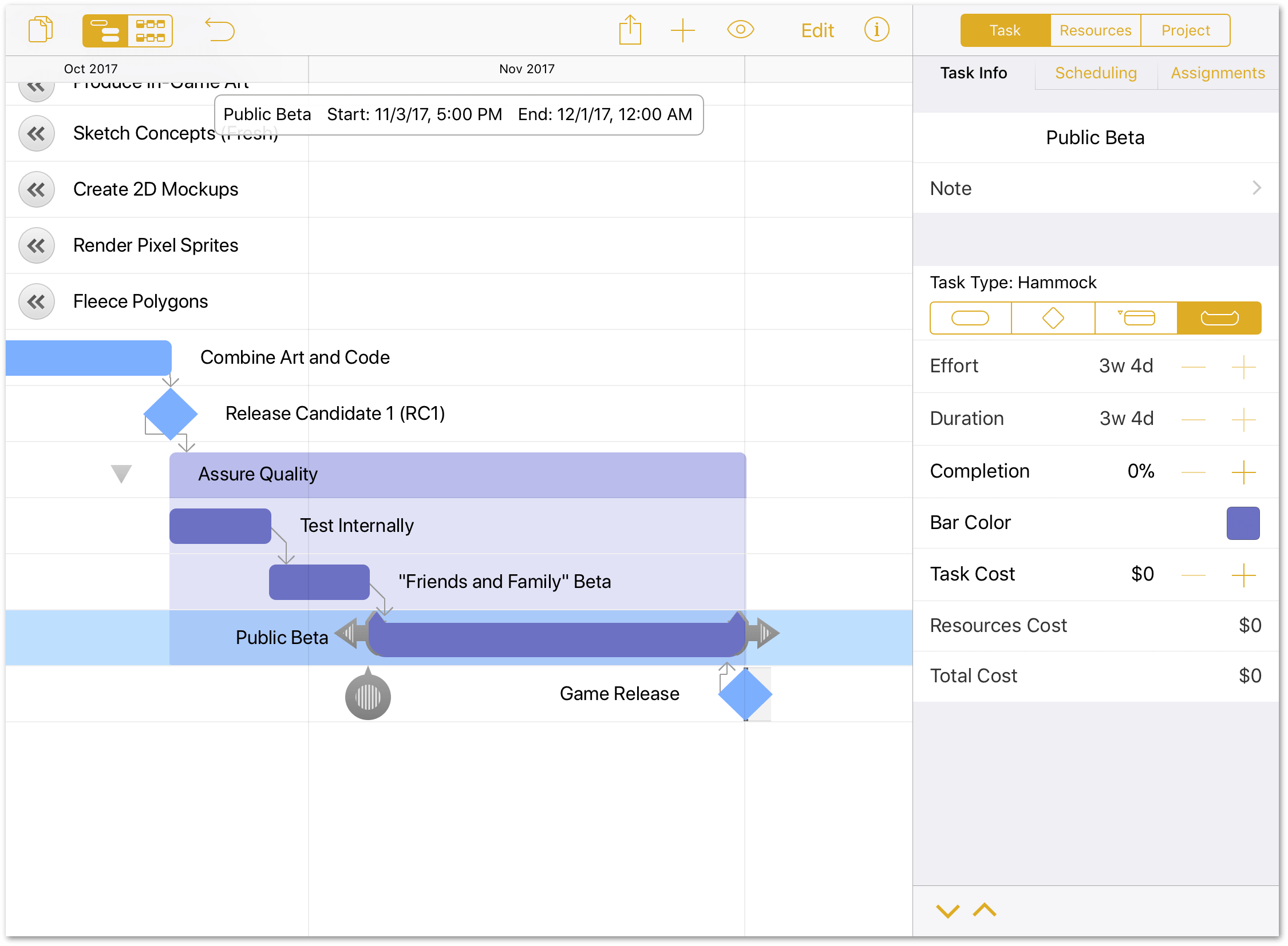 The Game Plan project now shows the Public Beta task as a hammock task that stretches to fill the gap of time until the Game Release date is reached.