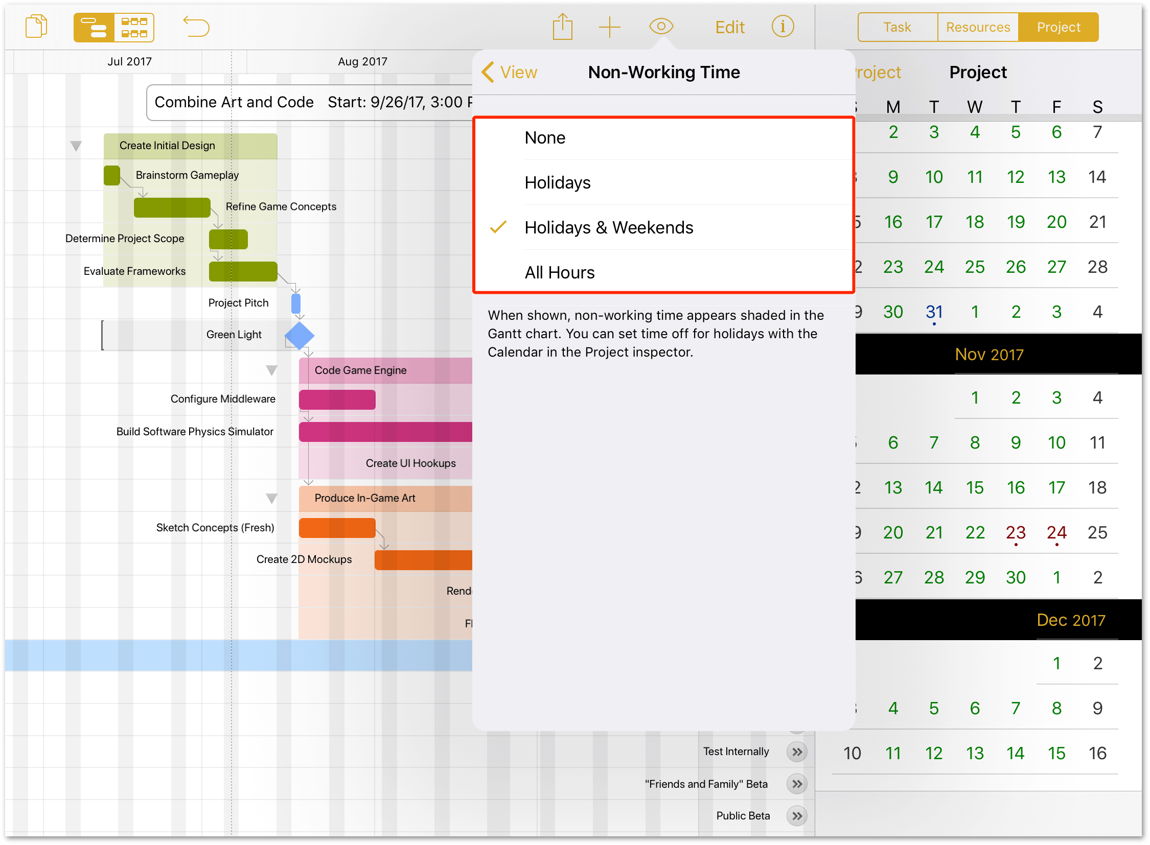 The View menu, displaying the options for non-working time that you can opt to see along with the project Gantt chart