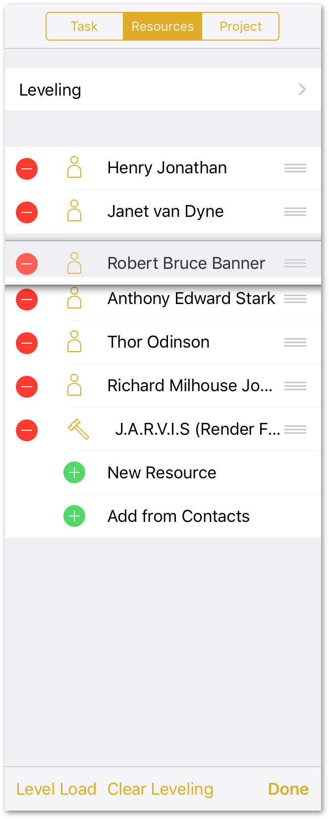 After tapping the Edit button, use the handles on the right edge of each resource to move them around in the list, or tap the delete button to remove a resource.