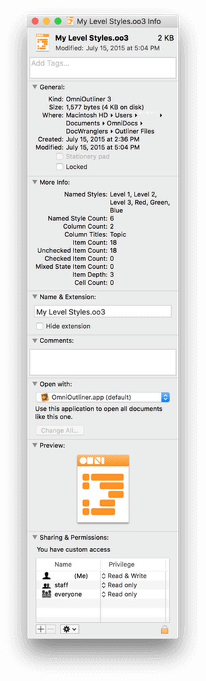 An OmniOutliner files Get Info window