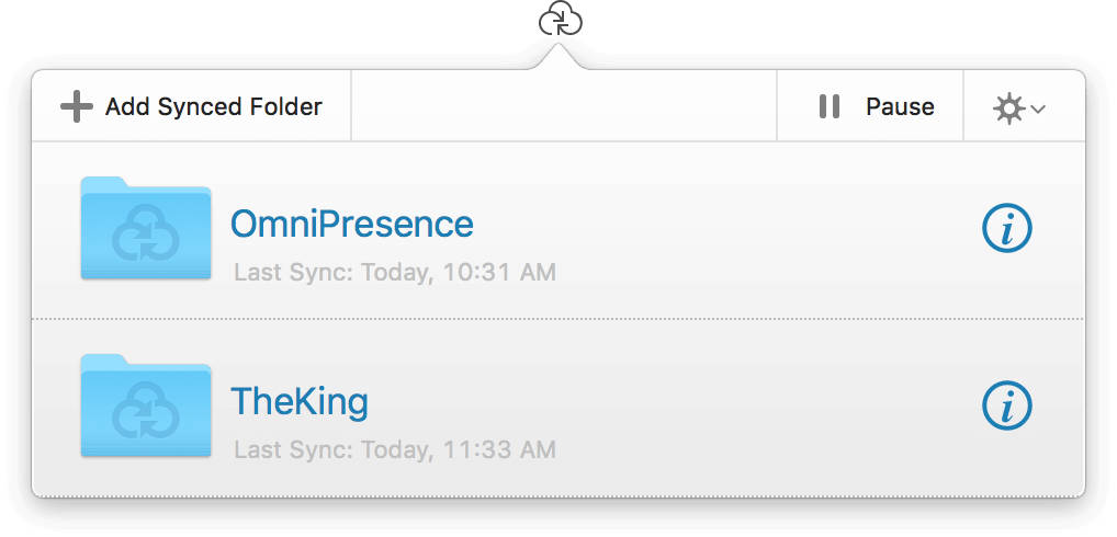 The OmniPresence popover menu, showing the two synced folders