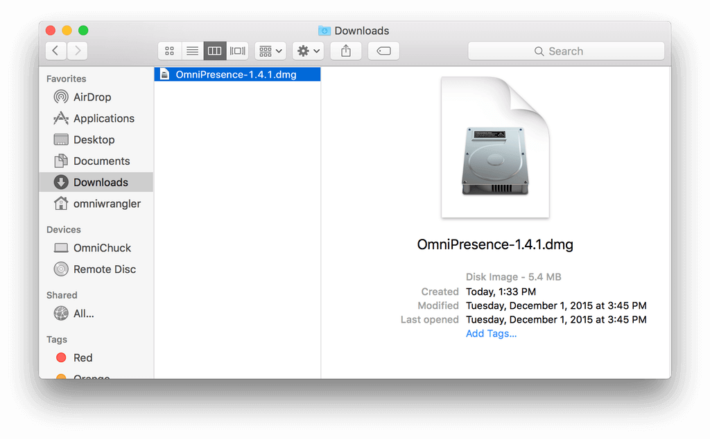 A Finder window, open to the Downloads folder to show the downloaded OmniPresence disk image.