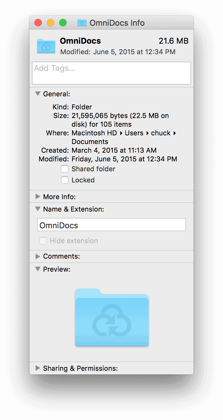 The Get Info window for a synced OmniPresence folder