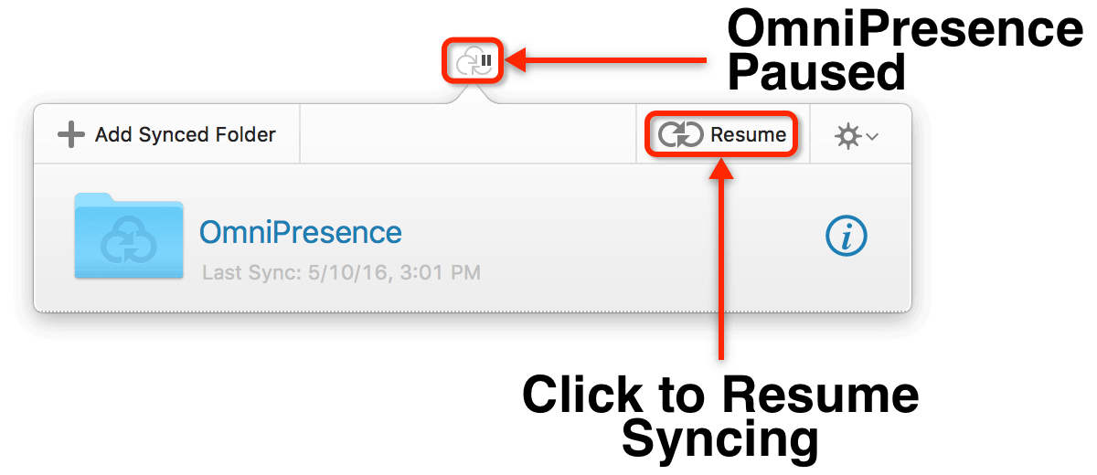 Pausing and Resuming syncing from the OmniPresence popover menu
