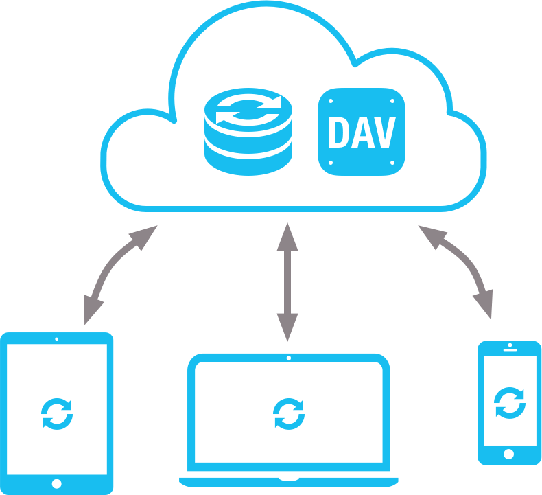 A graphic of a Cloud with Omni Sync Server and a WebDAV server inside, with bidirectional arrows pointing to a Mac laptop, an iPhone, and an iPad