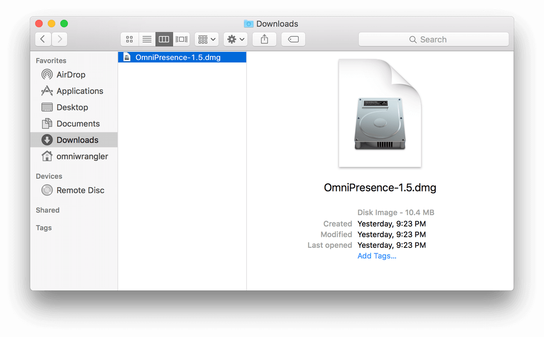 A Finder window, open to the Downloads folder to show the downloaded OmniPresence disk image.