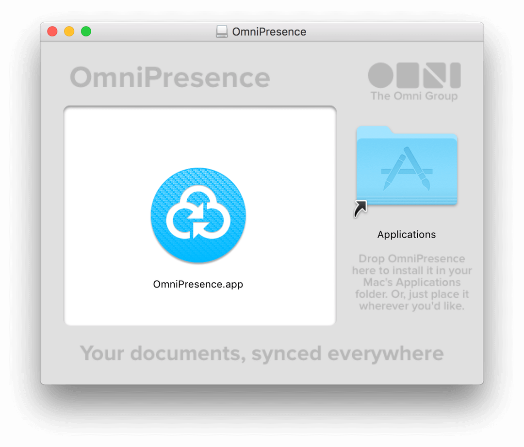 Drag the OmniPresence.app icon over to the Applications folder to install it on your Mac