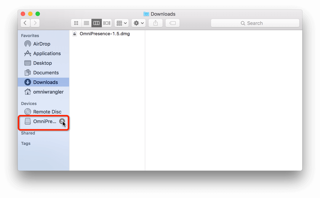 In the Finder's sidebar, click the eject button next to the OmniPresence disk image to eject it from your system.