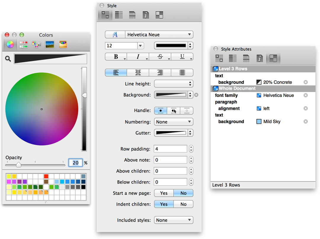 The Colors palette, and Style and Style Attributes inspectors after styling the Level 3 Rows