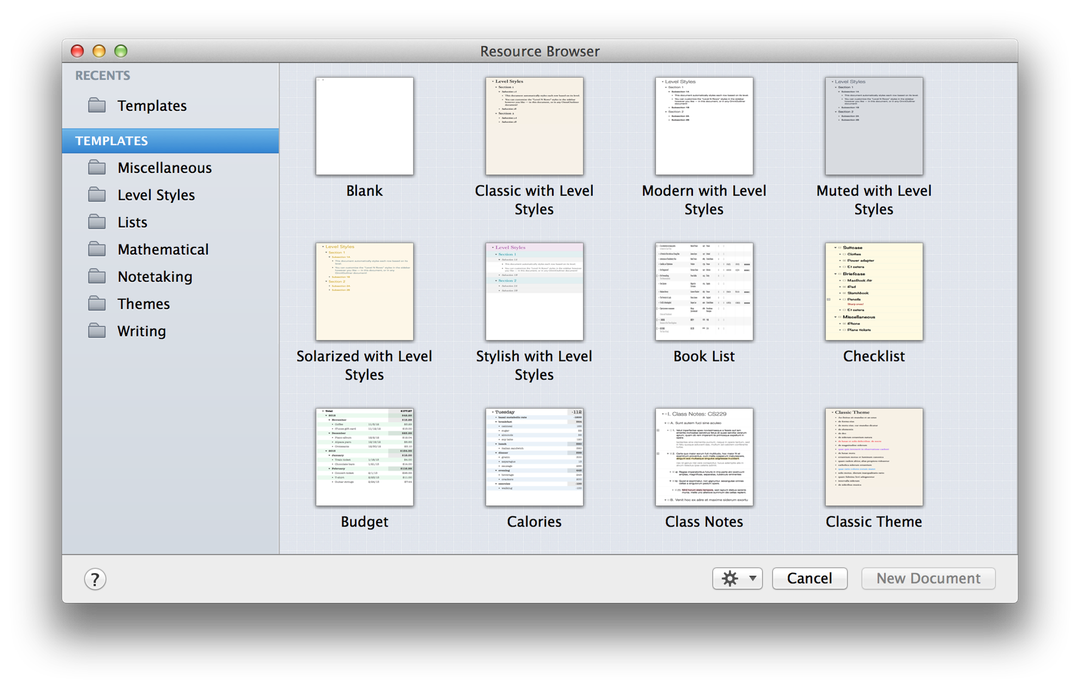 The Resource Browser, open to the Templates section