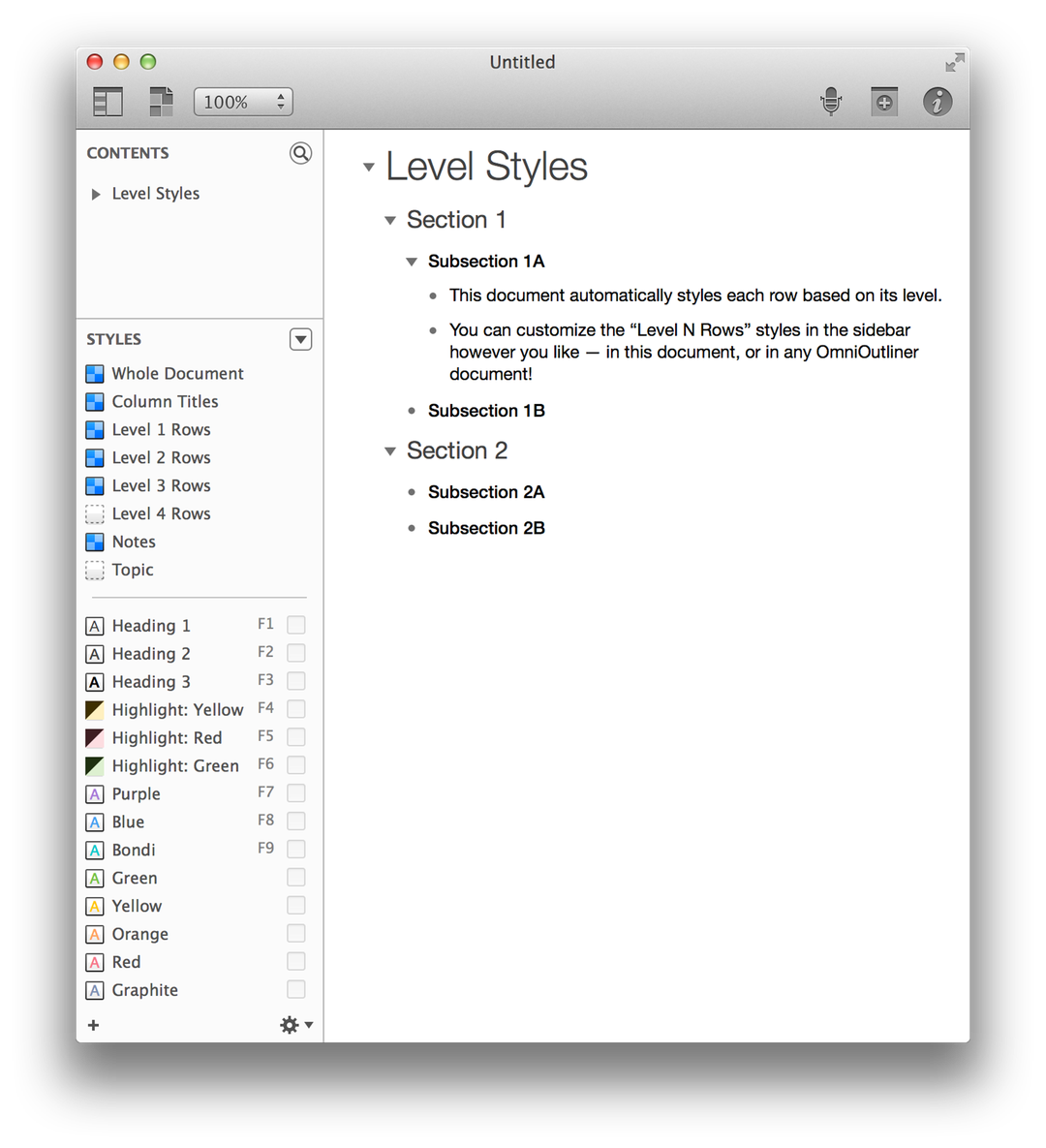 A new OmniOutliner document, based on the Modern with Level Styles-themed template